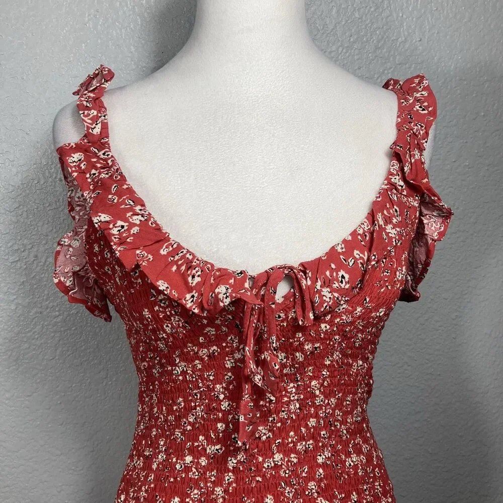 Y2K Smocked Mini Sun Dress XS Ruffle Strap Bodycon Red Cottage Boho Country